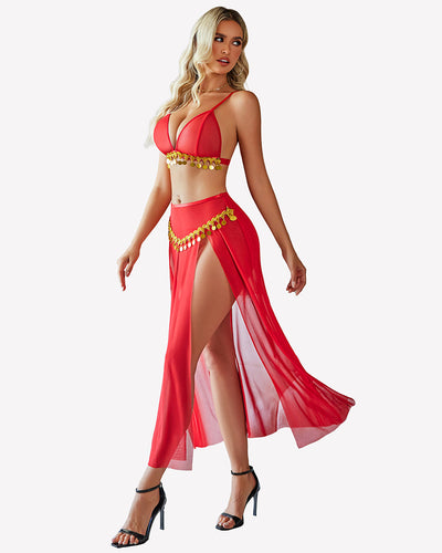 Mesh Sheer Bra Top Split Maxi Skirt Set