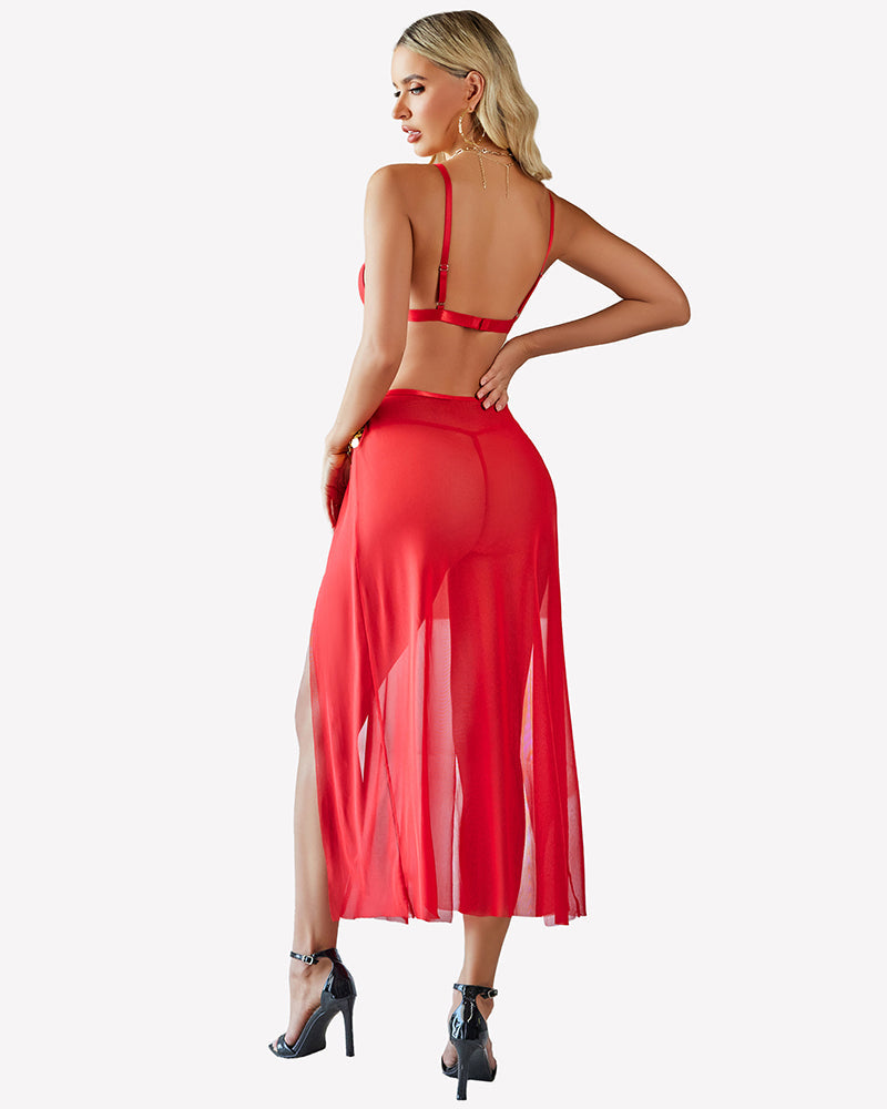 Mesh Sheer Bra Top Split Maxi Skirt Set