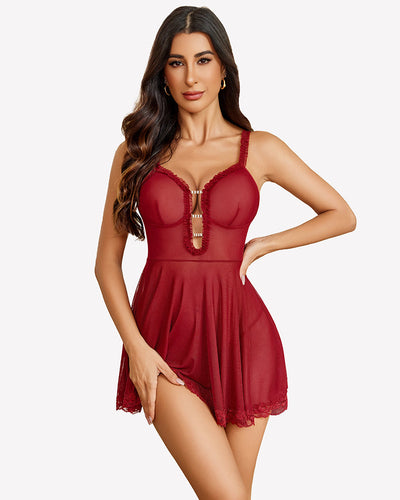 Lace Babydoll Deep V Neck Boudior Outfit