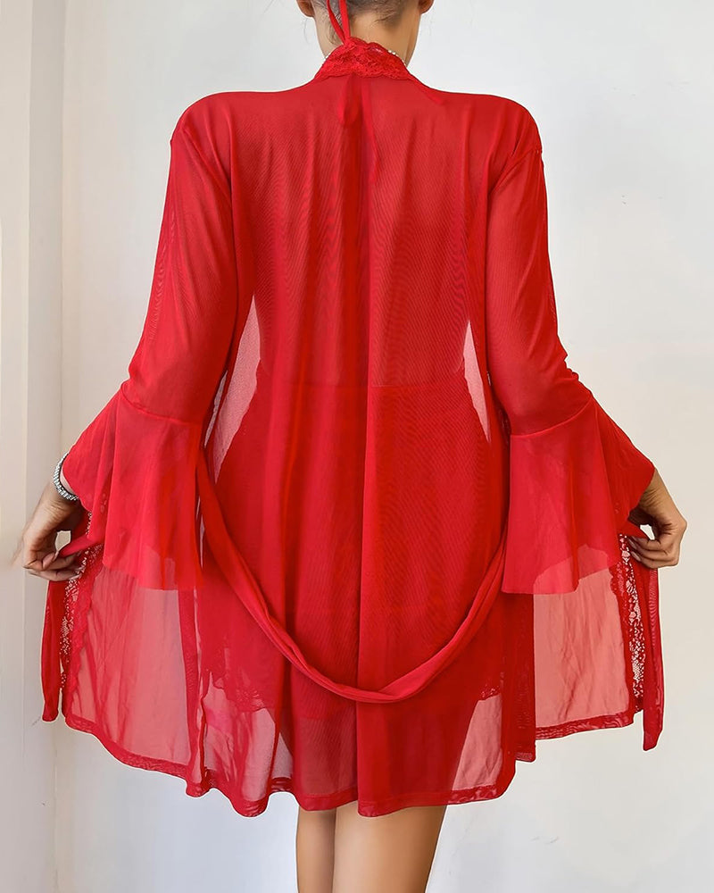 3 Piece Mesh Kimono Robe with Lace Babydoll