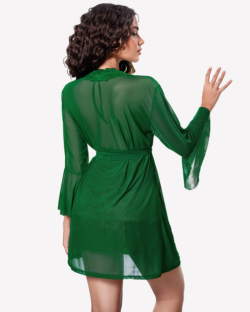 3 Piece Mesh Kimono Robe with Lace Babydoll