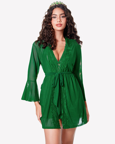 3 Piece Mesh Kimono Robe with Lace Babydoll