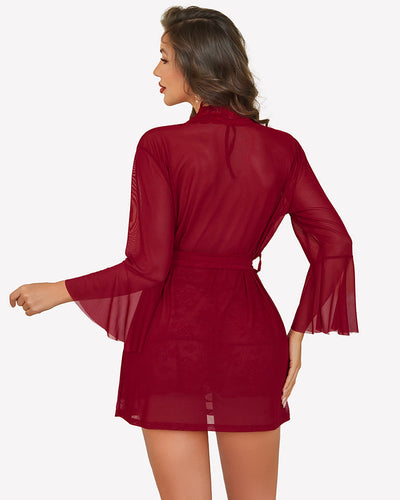 3 Piece Mesh Kimono Robe with Lace Babydoll
