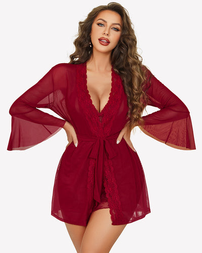 3 Piece Mesh Kimono Robe with Lace Babydoll