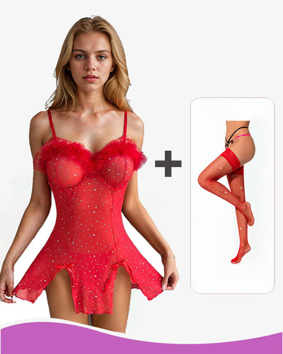 Diamond See-Through Elastic Slit Dress Set