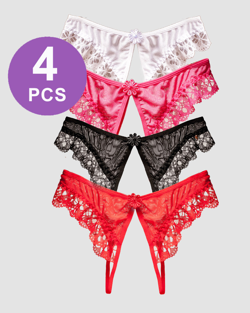 Crotchless Lace Low Waist Thong Panty Set