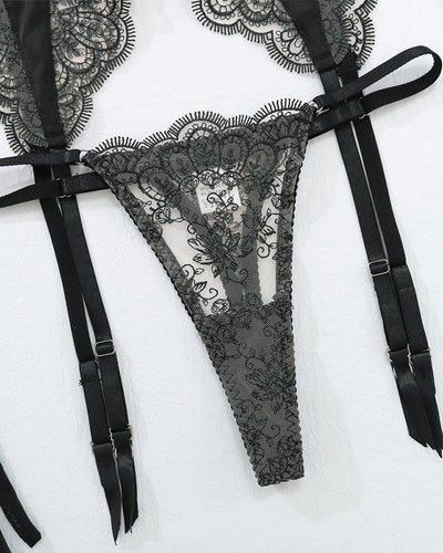 Embroidery Lace Garter Belt Lingerie Set