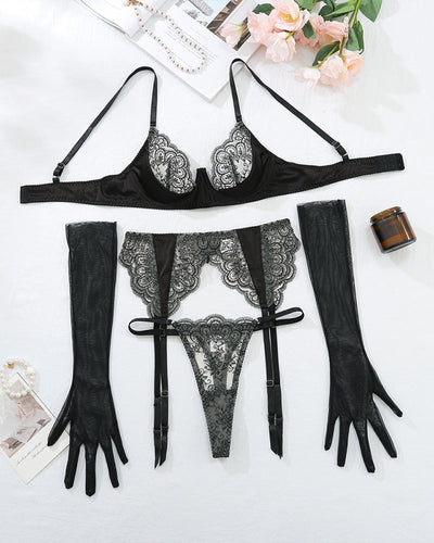 Embroidery Lace Garter Belt Lingerie Set