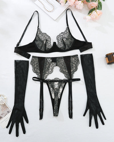 Embroidery Lace Garter Belt Lingerie Set