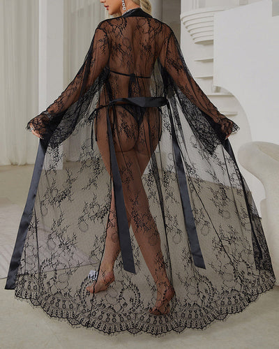 Sheer Lace Satin Robe Dress With Belt