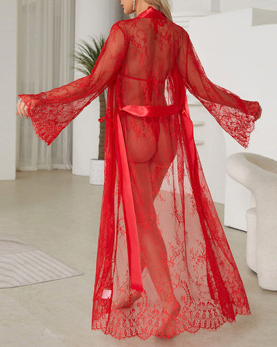 Sheer Lace Satin Robe Dress With Belt