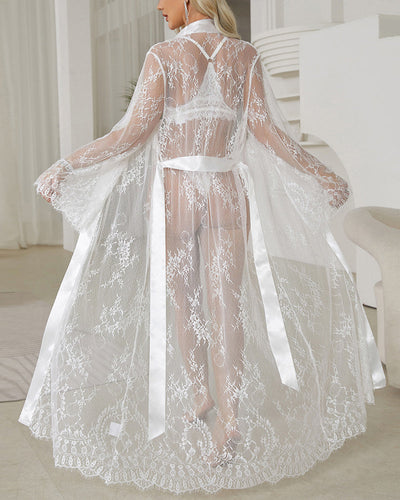 Sheer Lace Satin Robe Dress With Belt