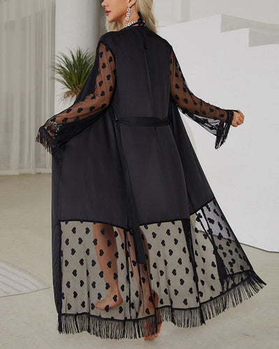 Sheer Heart Lace Satin Nightgown With Belt