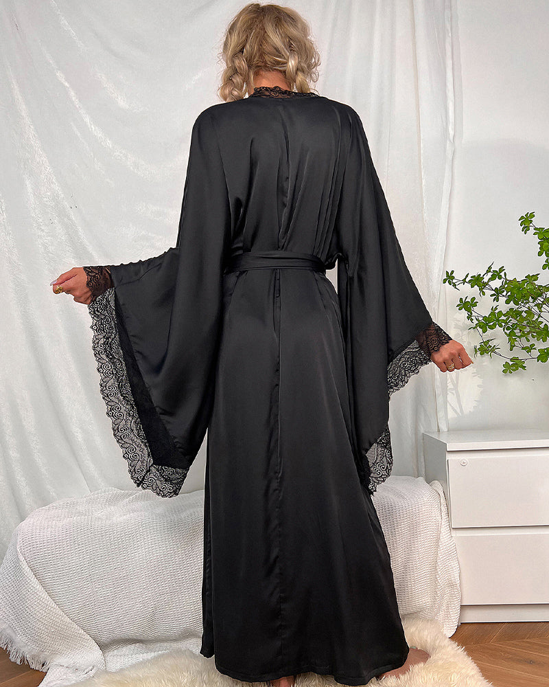 Satin Belted Robe with Contrast Lace Trim