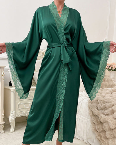 Satin Belted Robe with Contrast Lace Trim