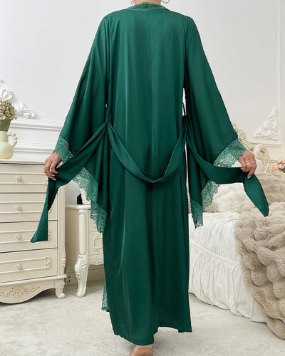 Satin Belted Robe with Contrast Lace Trim