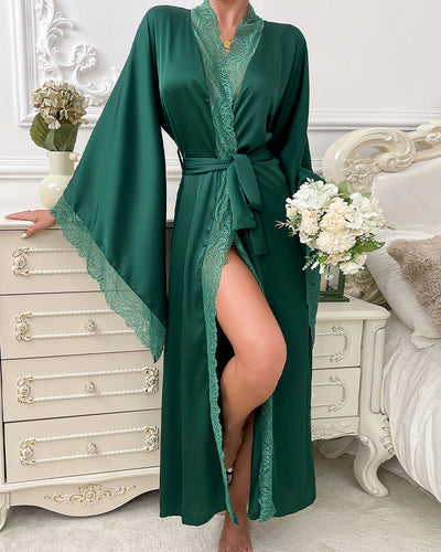Satin Belted Robe with Contrast Lace Trim