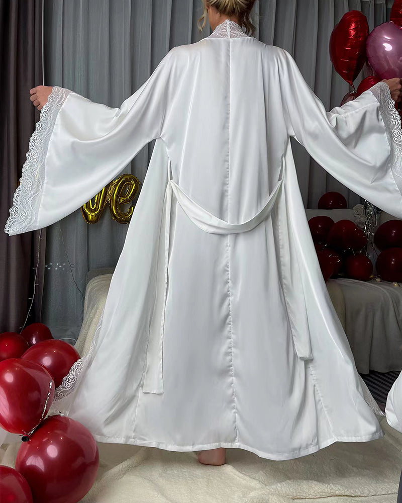 Satin Belted Robe with Contrast Lace Trim
