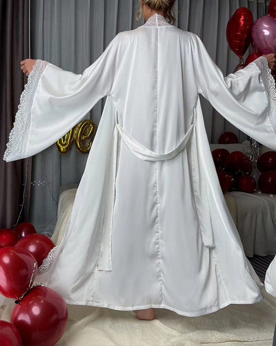 Satin Belted Robe with Contrast Lace Trim