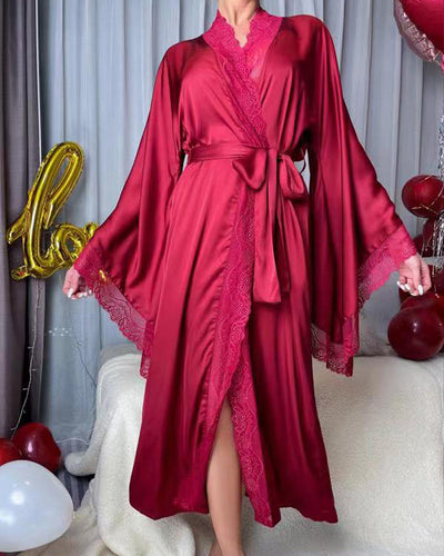 Satin Belted Robe with Contrast Lace Trim