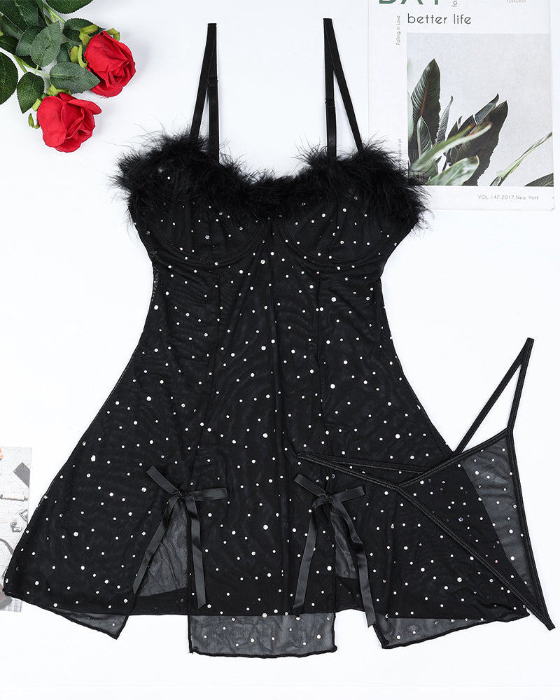 Diamond See-Through Elastic Slit Dress Set