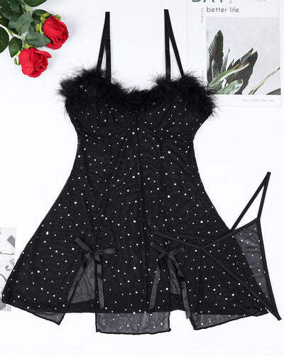 Diamond See-Through Elastic Slit Dress Set