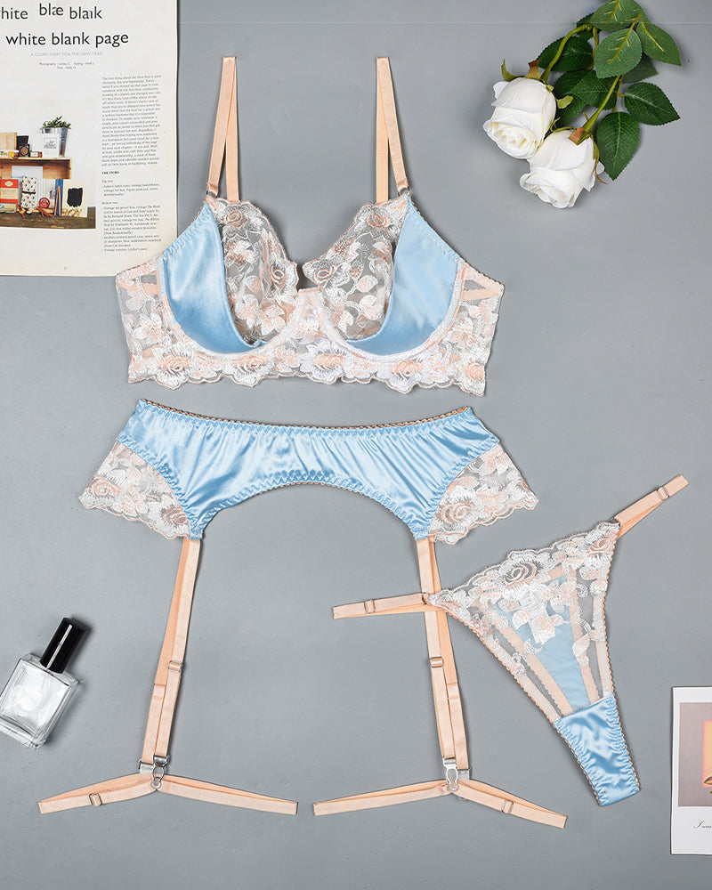 Flower Embroidery Push-Up Bra Set