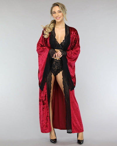 Velvet Belted Robe with Lace Trim