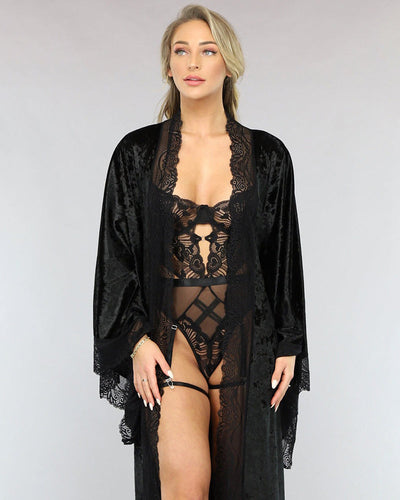 Velvet Belted Robe with Lace Trim