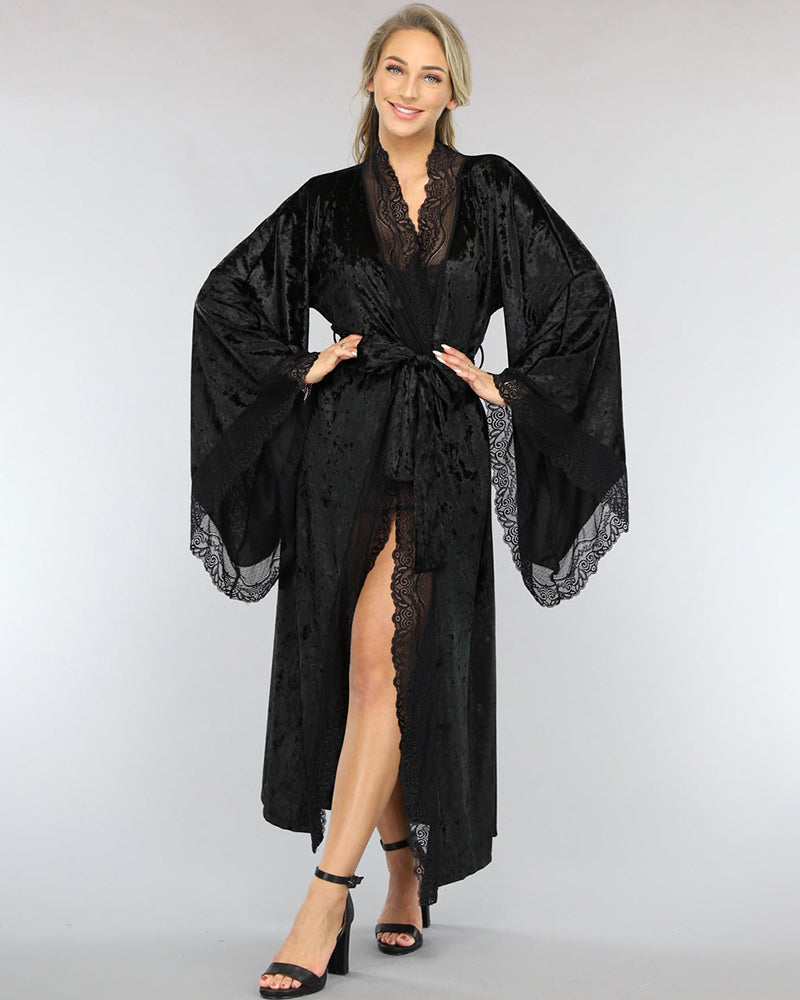 Velvet Belted Robe with Lace Trim