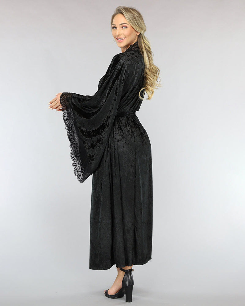 Velvet Belted Robe with Lace Trim