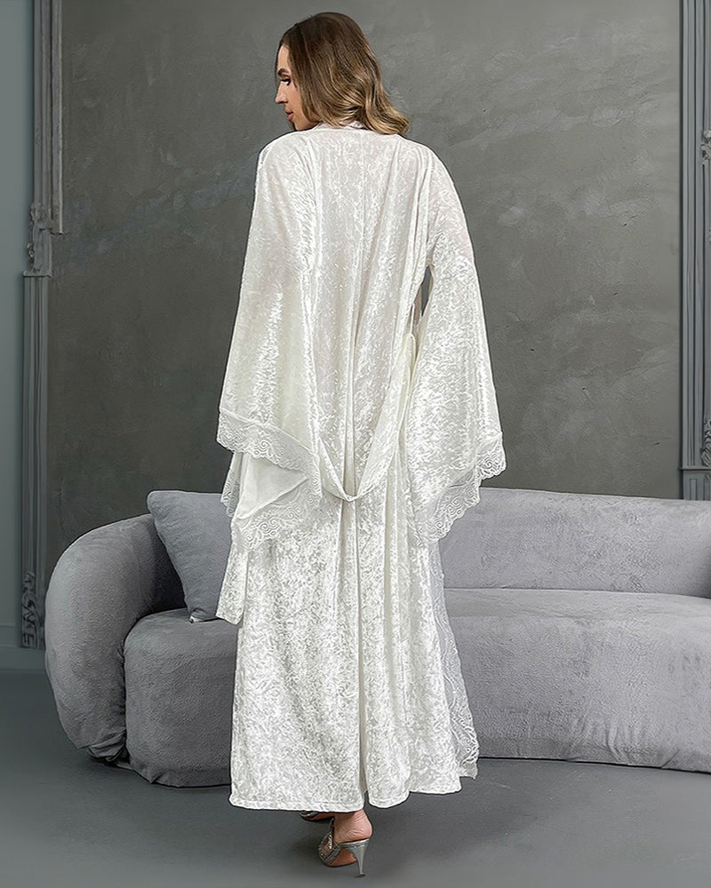 Velvet Belted Robe with Lace Trim