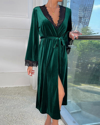 Velvet Belted Mid-Robe with Lace Trim