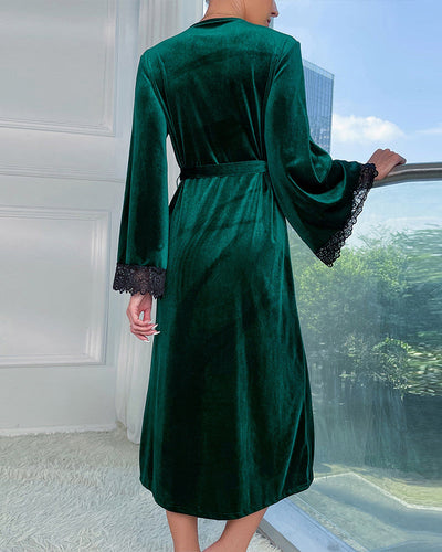 Velvet Belted Mid-Robe with Lace Trim