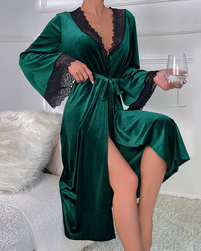 Velvet Belted Mid-Robe with Lace Trim