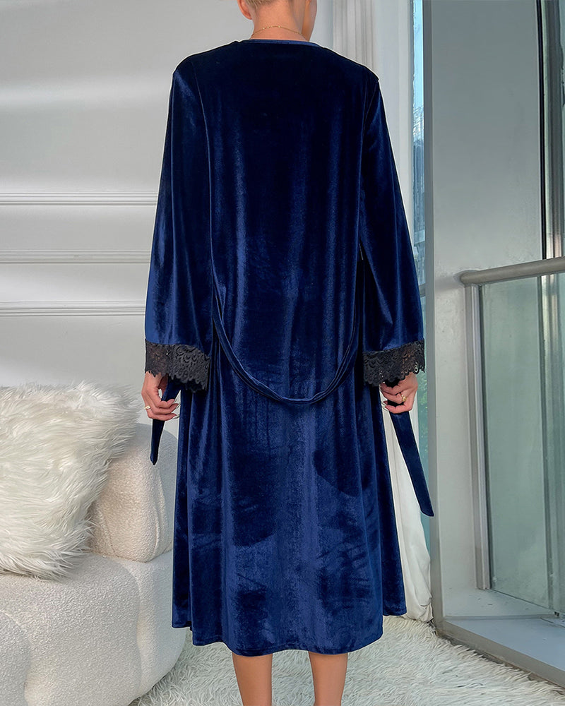 Velvet Belted Mid-Robe with Lace Trim
