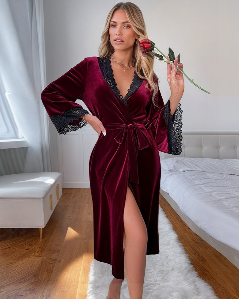Velvet Belted Mid-Robe with Lace Trim