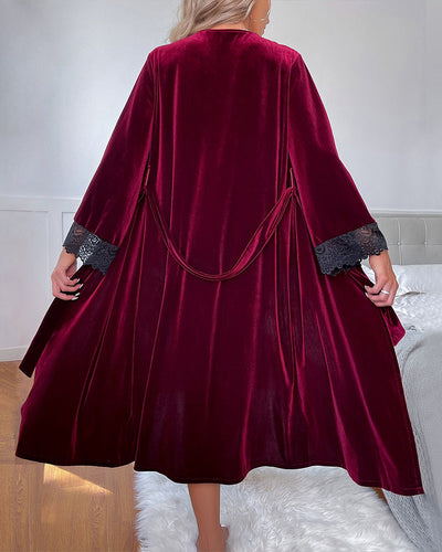 Velvet Belted Mid-Robe with Lace Trim