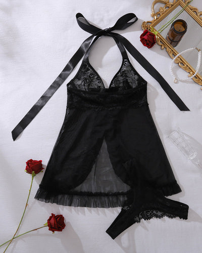 Lace Open Front Halter Babydoll Nighty