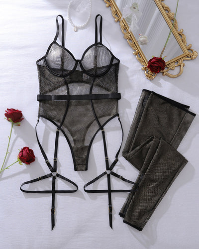 Hollow Fishnet Bodysuit with Stockings