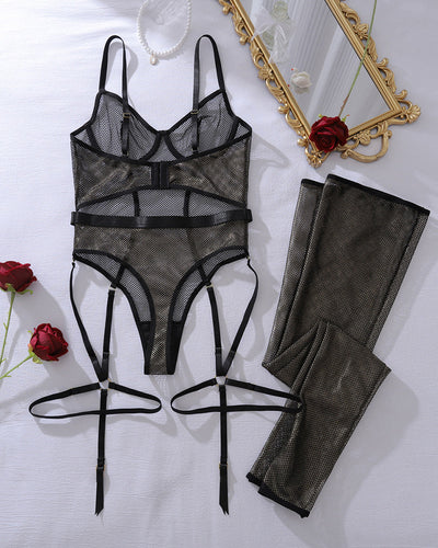 Hollow Fishnet Bodysuit with Stockings