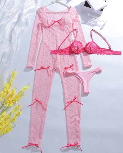 Lace Bow long Sleeve Jumpsuits Sets