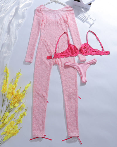 Lace Bow long Sleeve Jumpsuits Sets