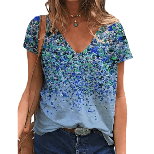 Summer V-neck Printed Short Sleeve T-shirt