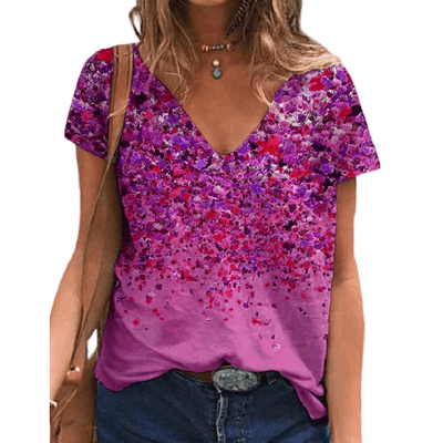 Summer V-neck Printed Short Sleeve T-shirt