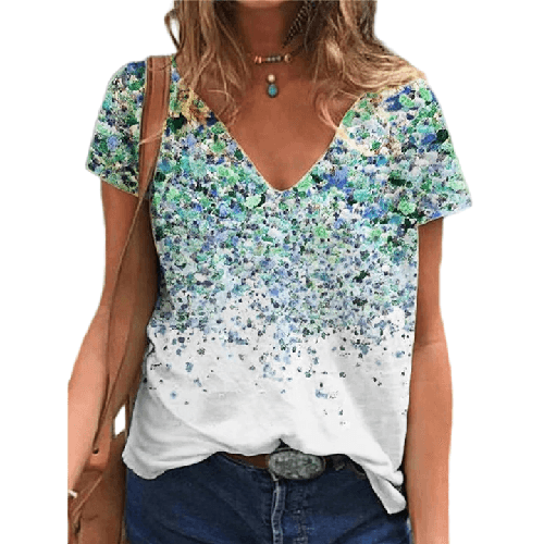 Summer V-neck Printed Short Sleeve T-shirt