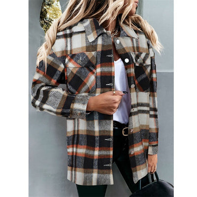 Women's Plaid Woolen Breasted Casual Shirt