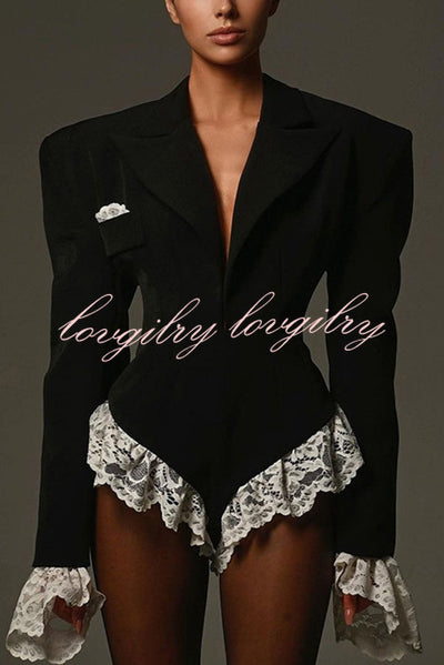 Full of Design Lace Trim Long Sleeve Lapel Blazer Romper