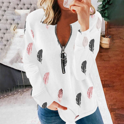 Women's V-neck Feather Print Long Sleeve T-shirt