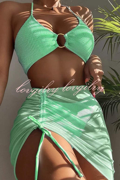 Commuting Style Suspender Pleated Hoop Three Pieces Swimsuit Set